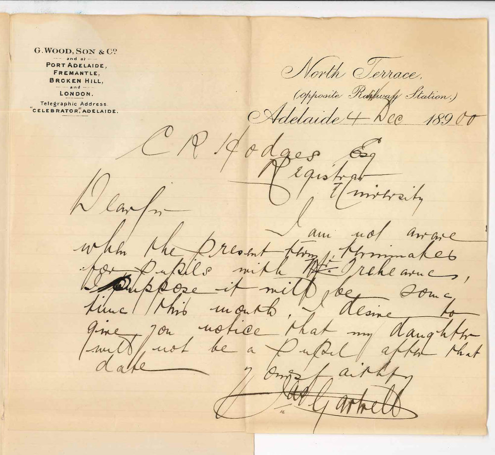 James Gartrell - North Terrace - Miss Gartrell will discontinue piano lessons at Conservatorium at end of current term