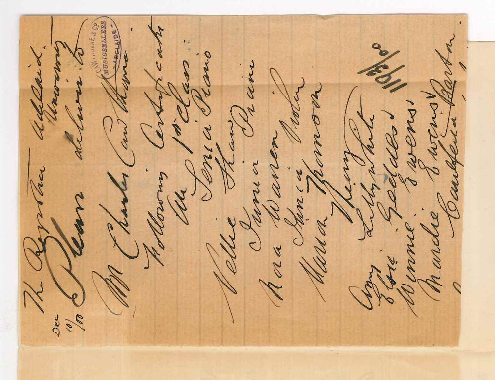 Caulfield Barton - Port Pirie - Requesting senior first class Music Certificates