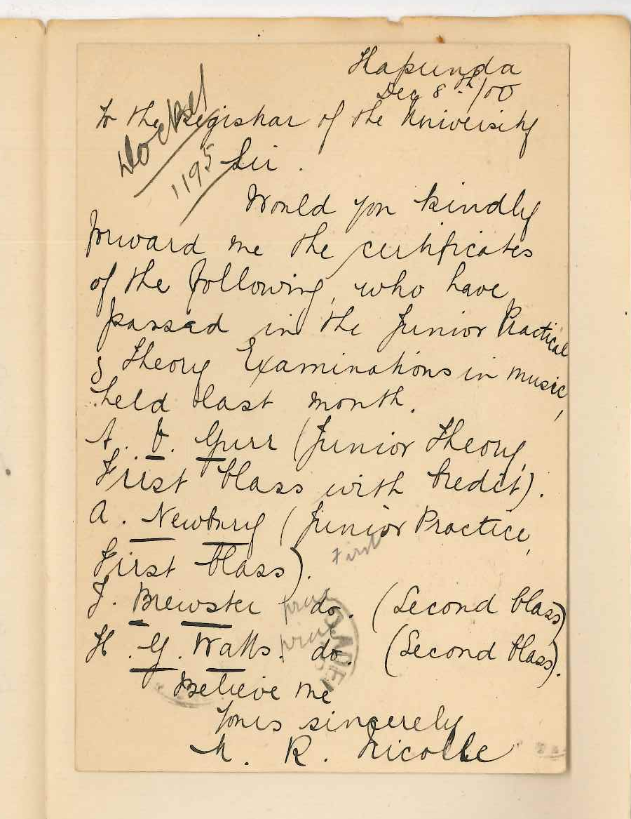 Miss Mabel R Nicolle - Kapunda - Requesting Music Certificates