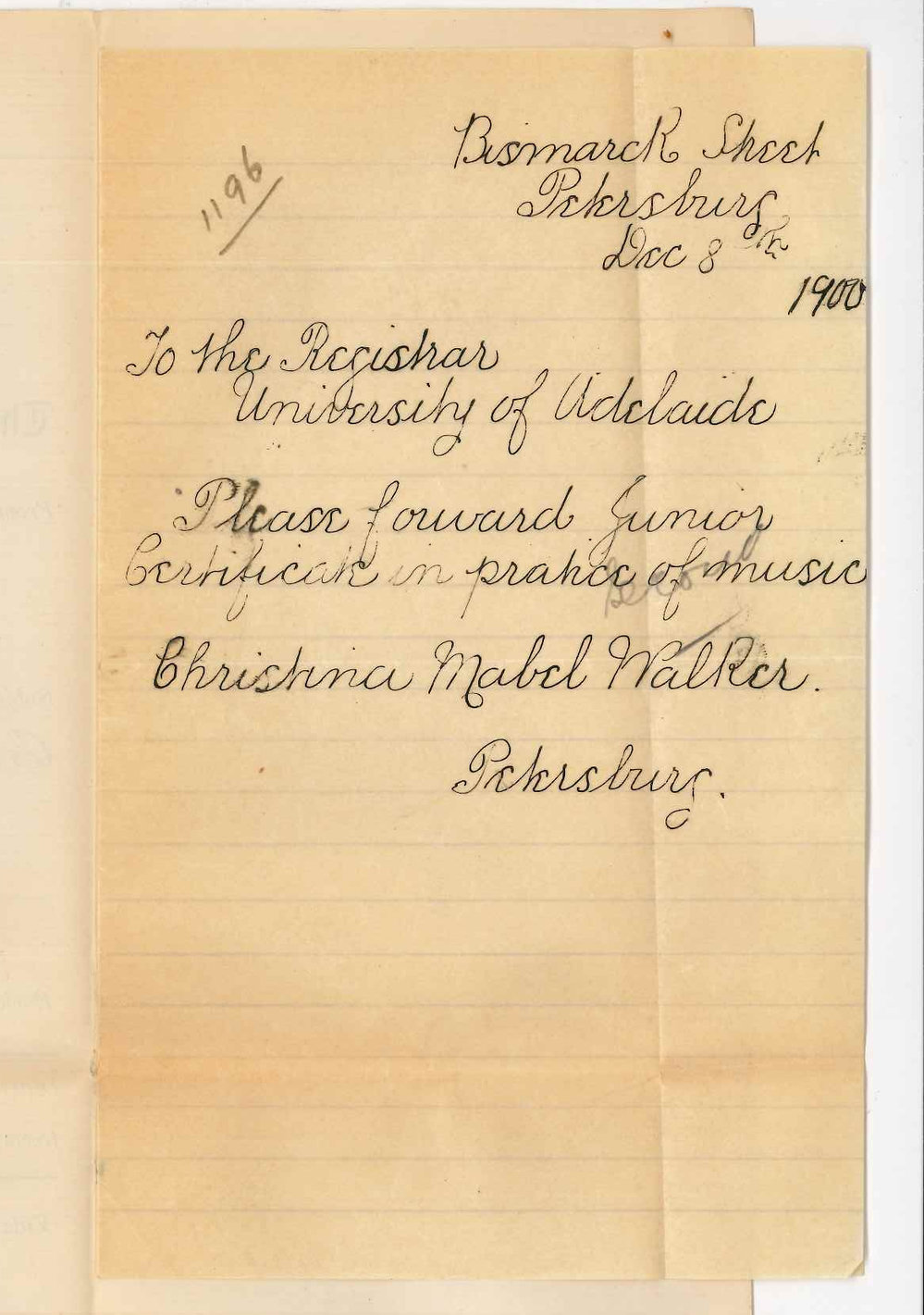 Miss Christina Mabel Walker - Petersburg - Requesting Music Certificates