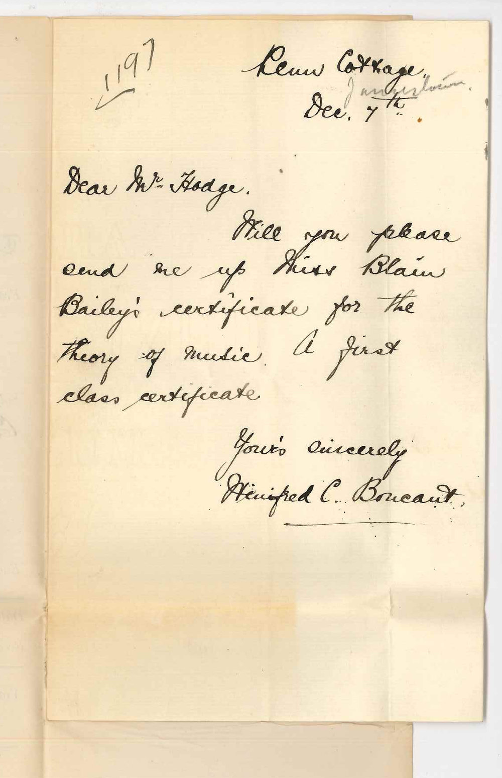 Miss Winifred C Boucant - Jamestown - Requesting Music Certificates