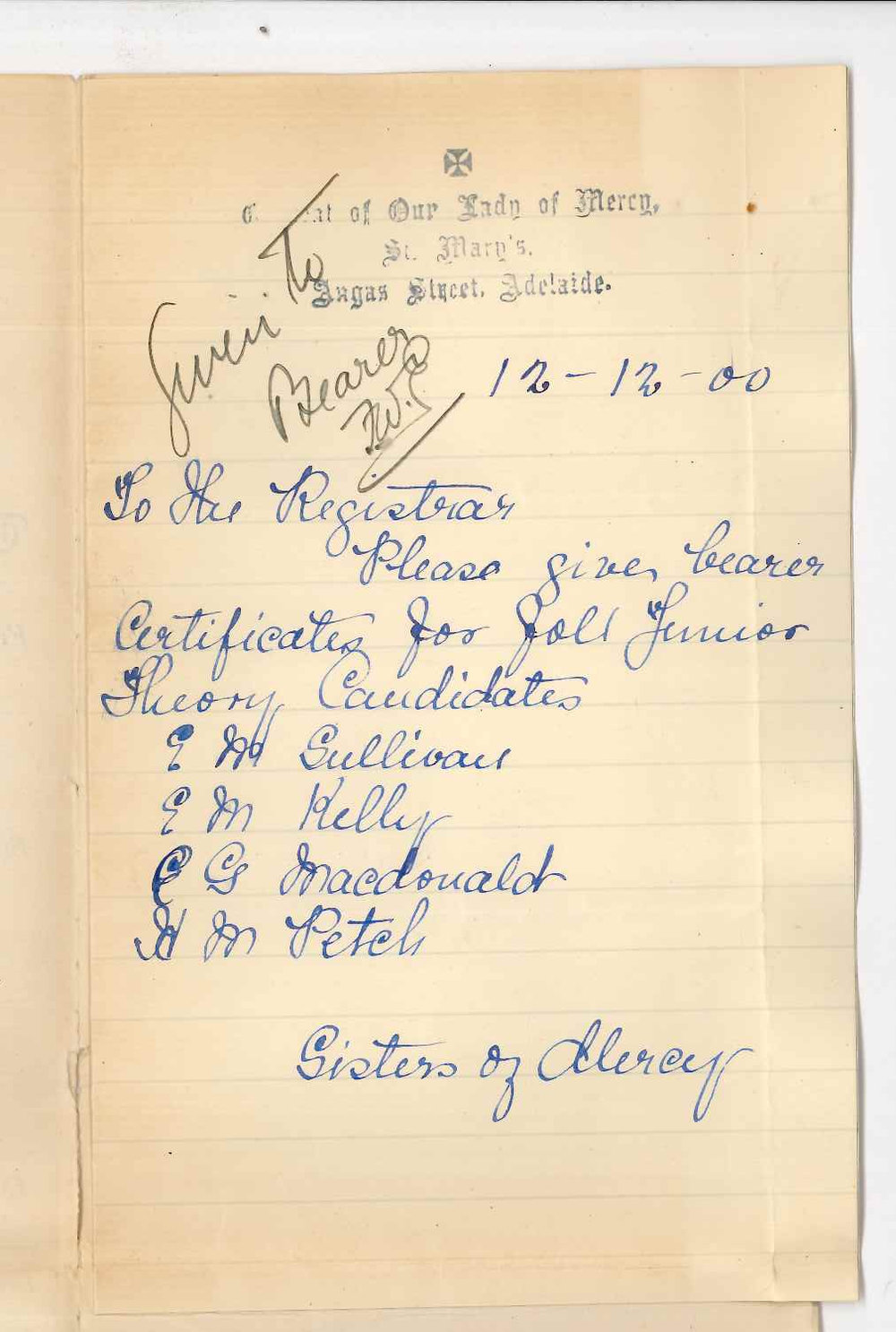 Sisters of Mercy - Angas Street Adelaide - Requesting Music Certificates