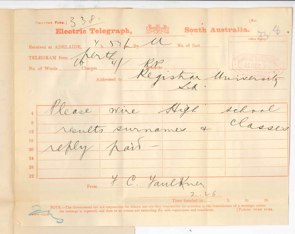 F C Faulkner - High School Perth - Requesting information regarding passes in Junior and Senior Public Examinations