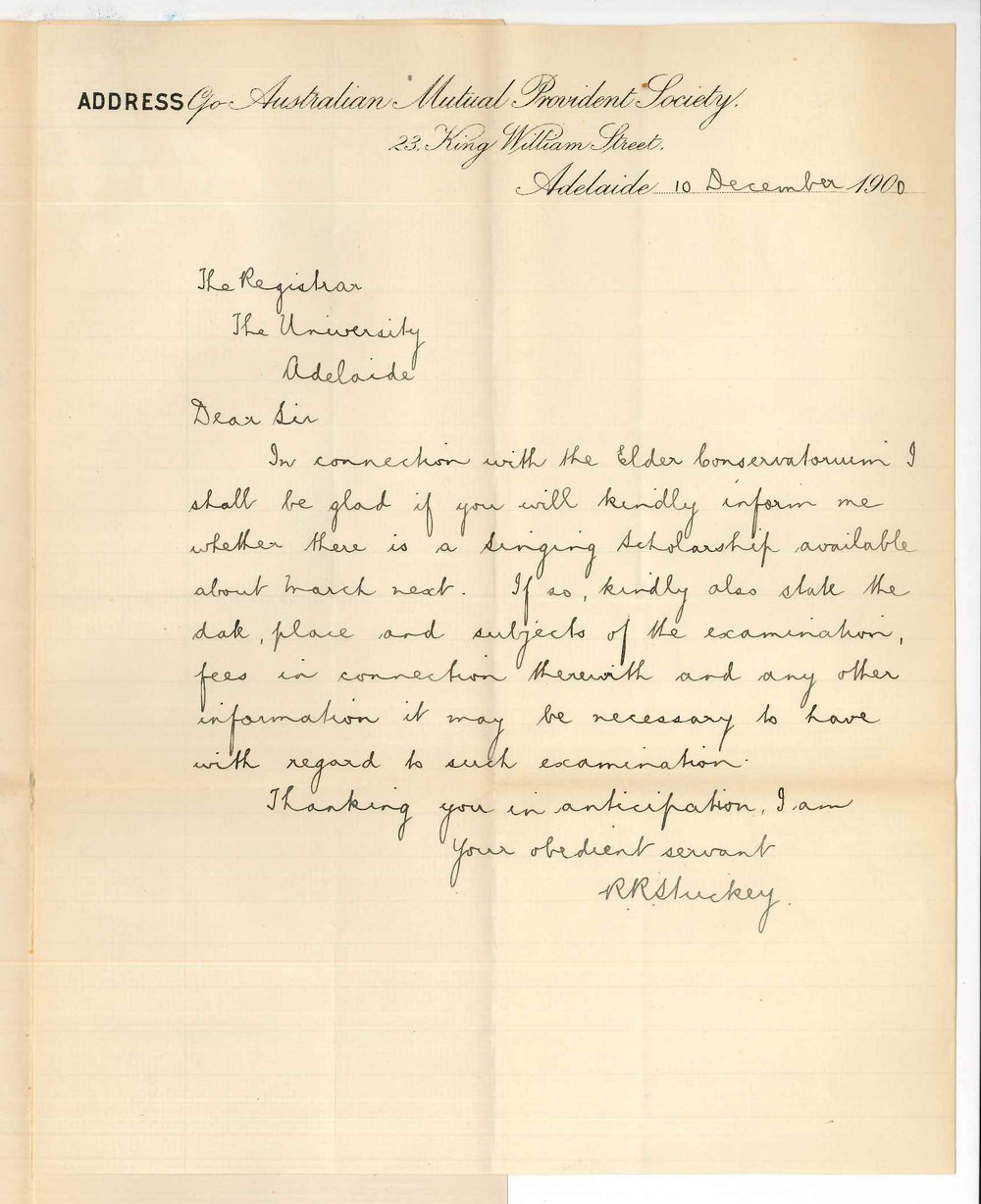 R R Stuckey - Adelaide - Requesting information concerning Singing Scholarship