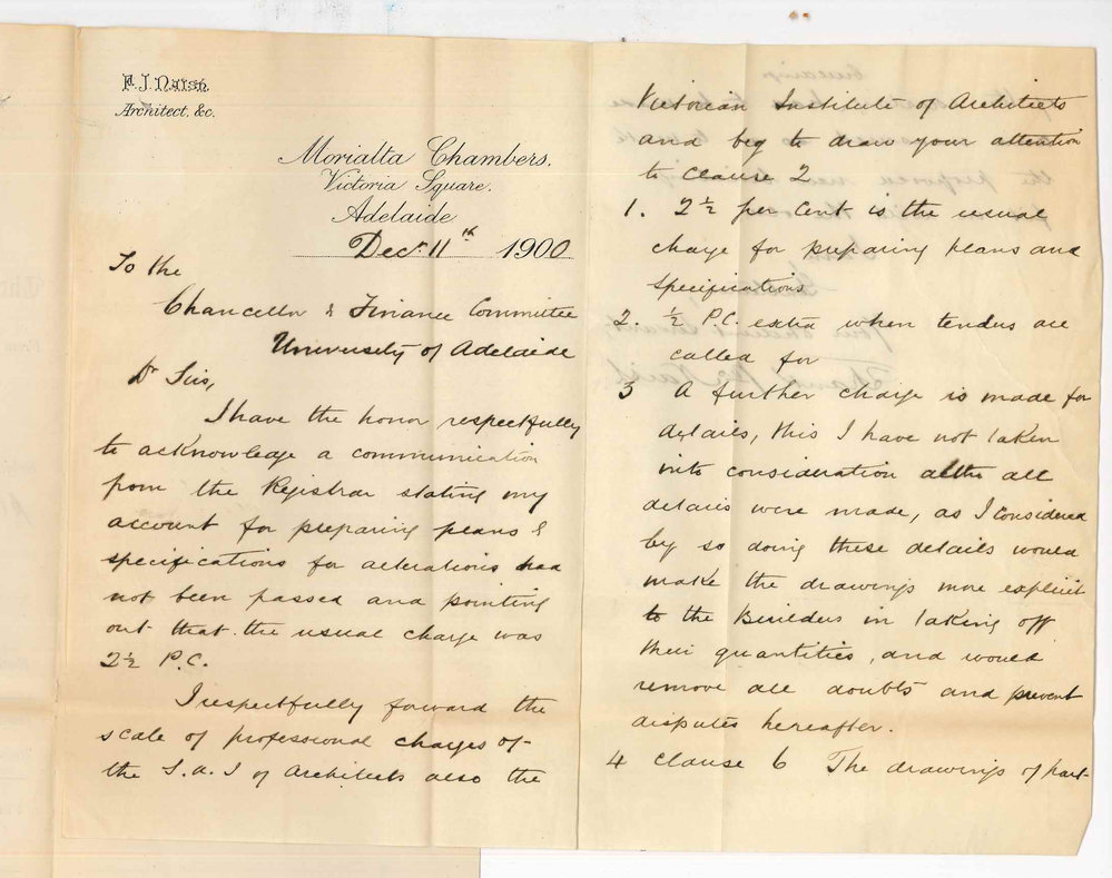 Frank John Naish - Adelaide - Concerning accounts for preparing plans etc for alterations to University Buildings