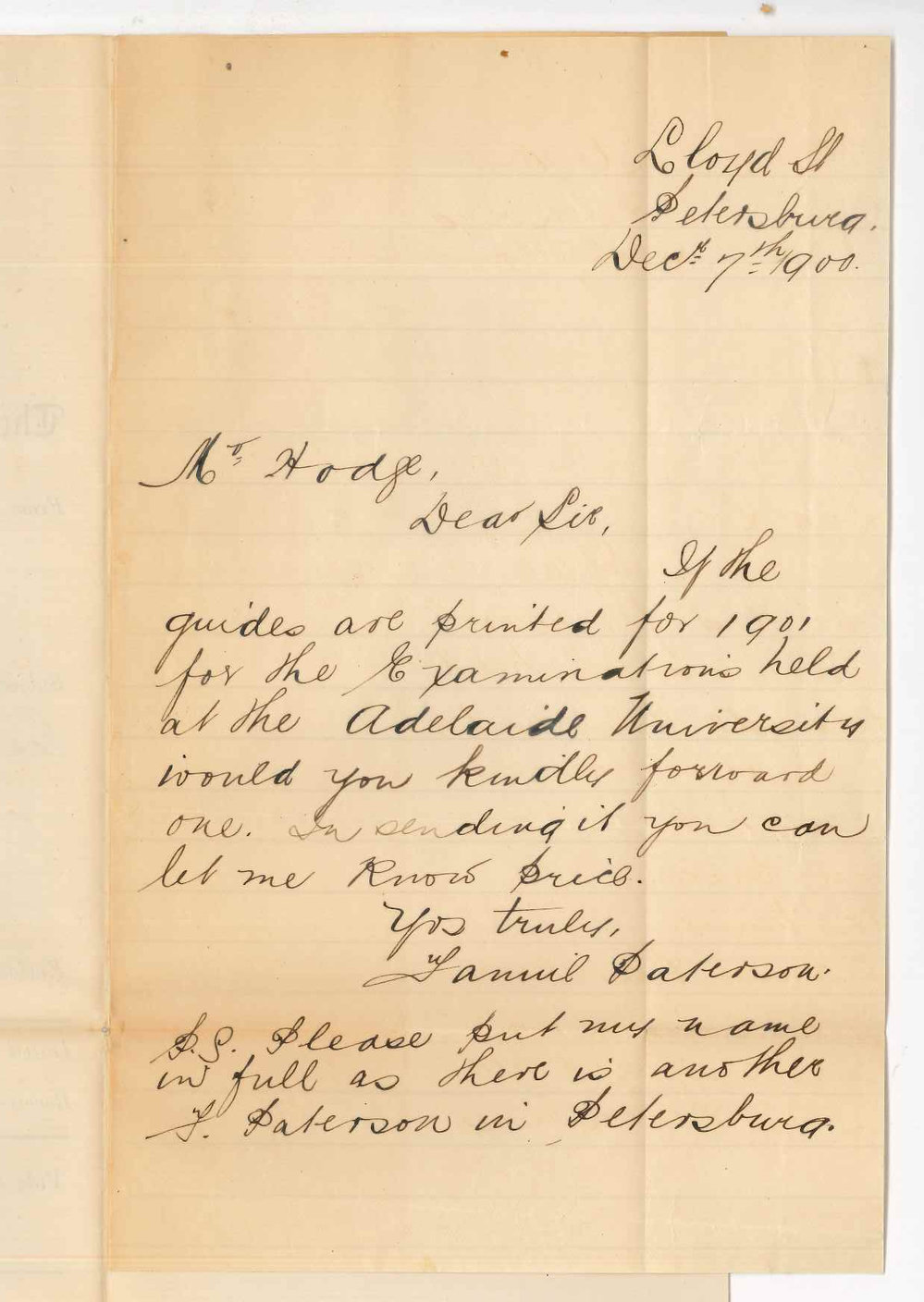Miss Fannie Paterson - Petersburg - Requesting Public Examinations pamphlet