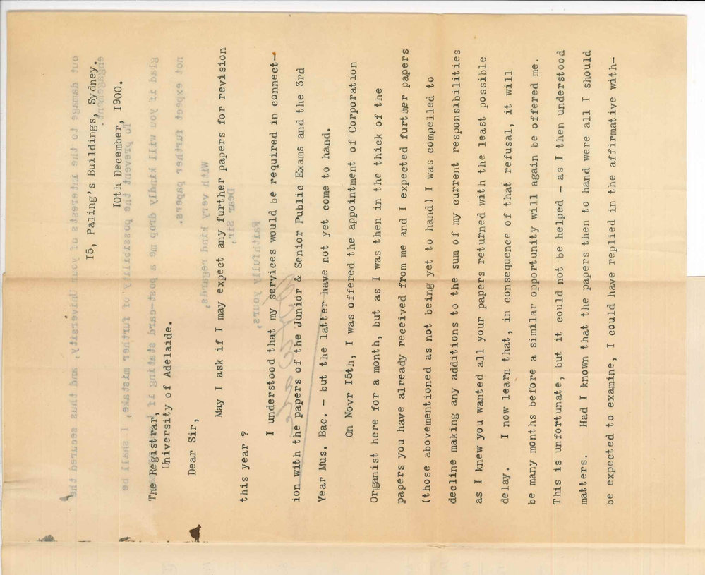 William Henry Wale - Sydney - Concerning appointment as Examiner in third year Music Bachelor Course