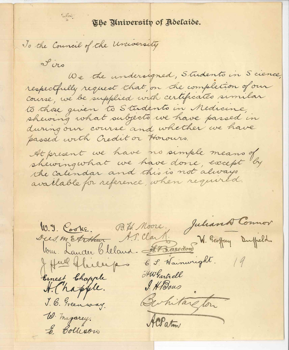 Science Students  - The University - Request they may be supplied with certificates showing subjects passed whether with credit or honours