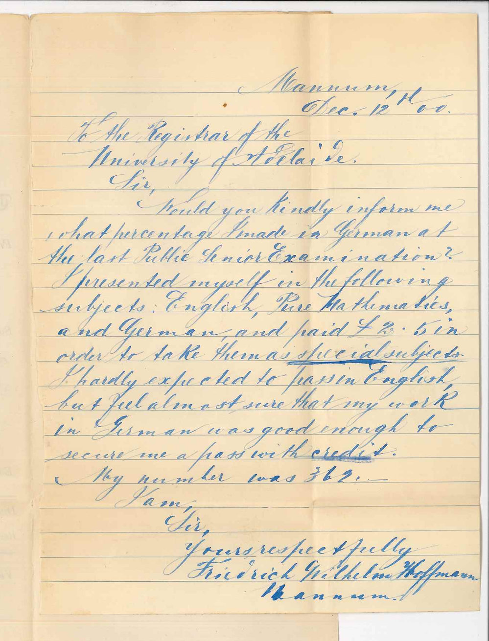 Friedrich Walhelm Hoffman - Mannum - Asking percentage of marks obtained in German in Senior Public Examination