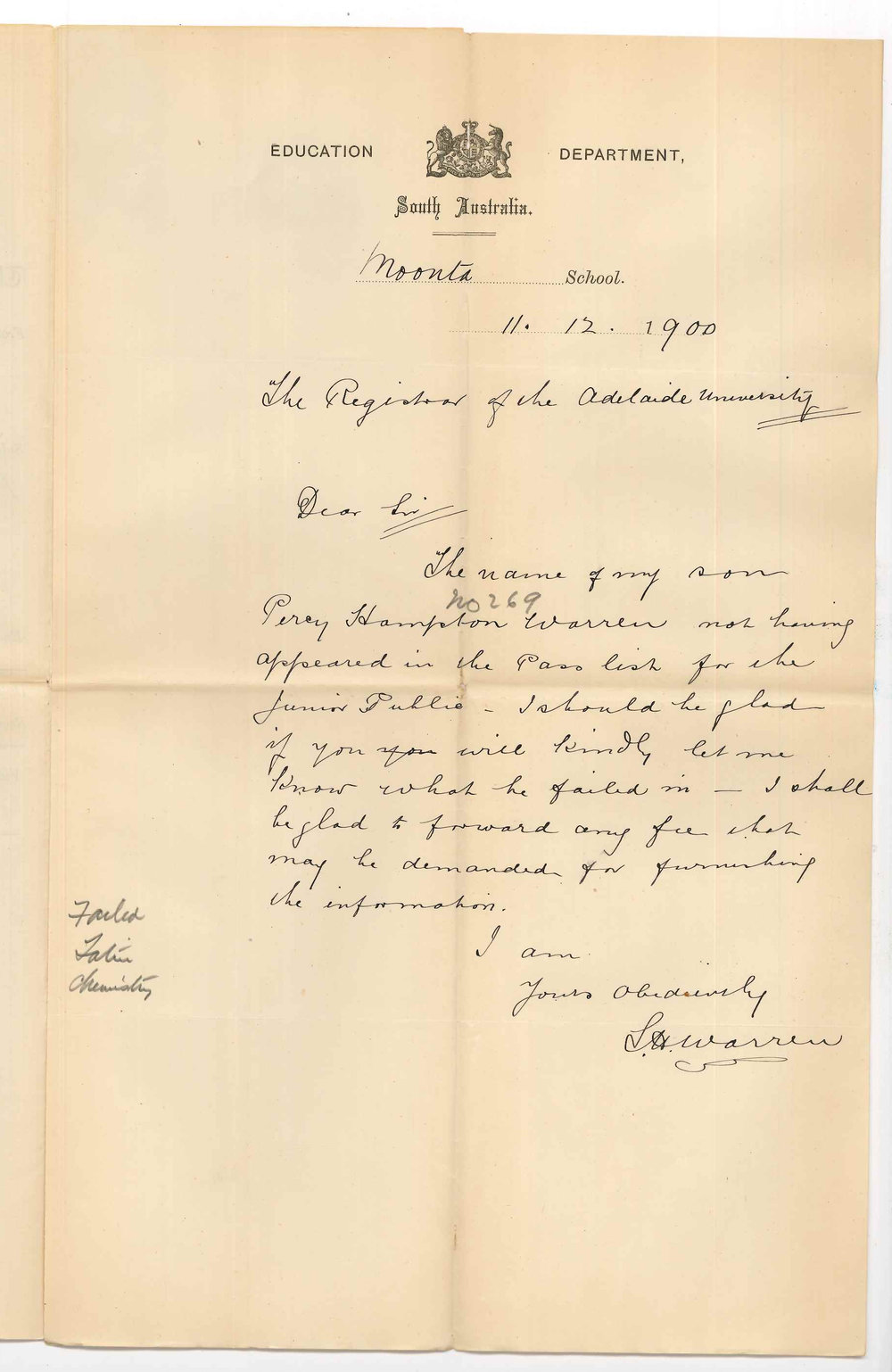 S H Warren - Moonta - Failure of son in Junior Public Examination