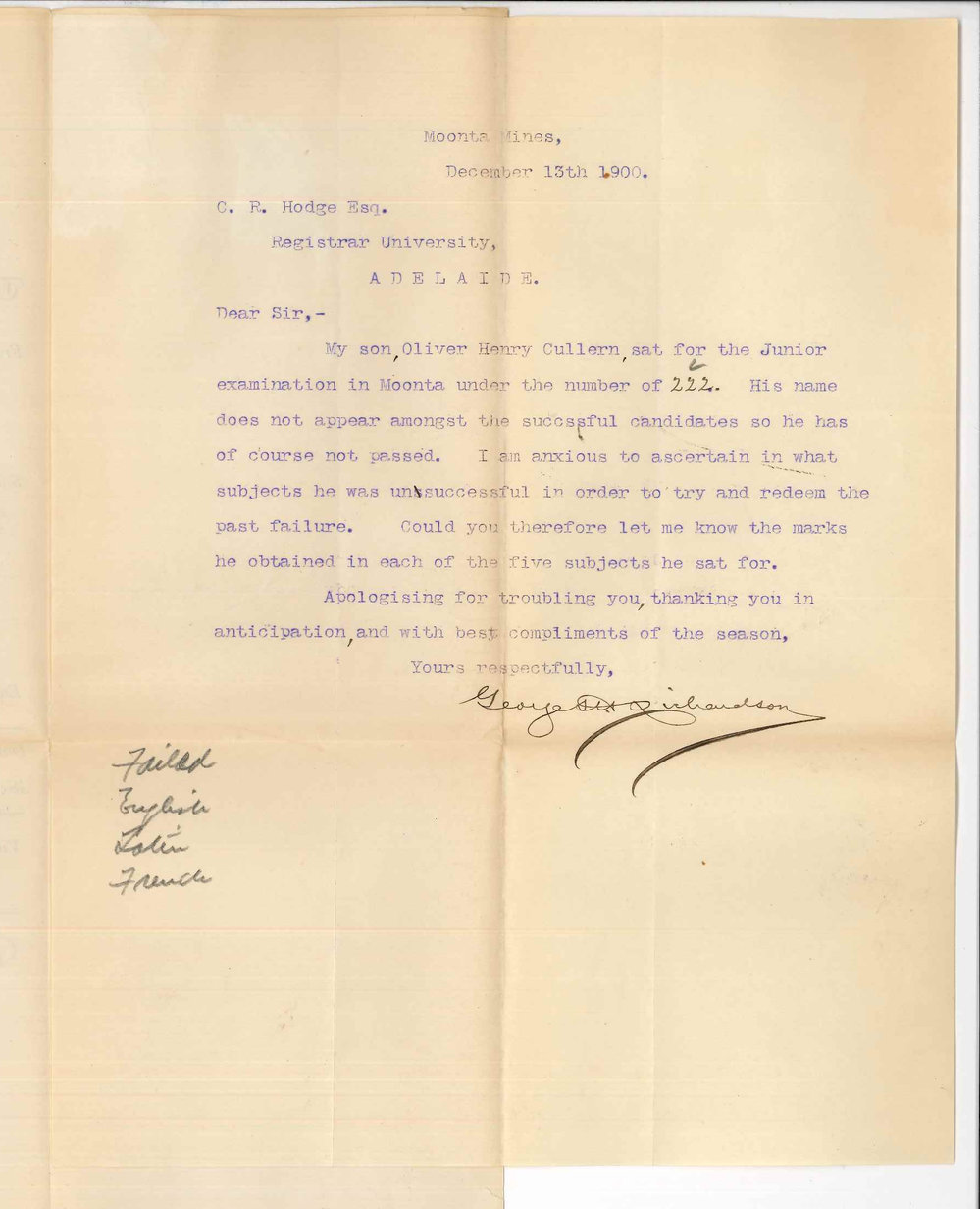 George S H Richardson - Moonta Mines - Failure of son in Junior Public Examination