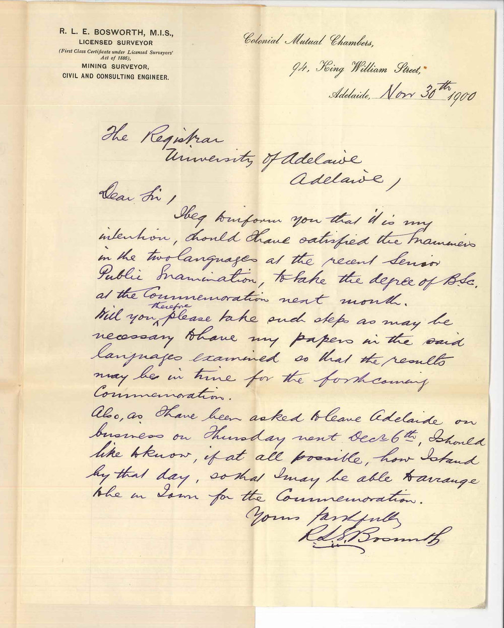 R L E Bosworth - Adelaide - Wishes to take BSc Degree at Conservatorium
