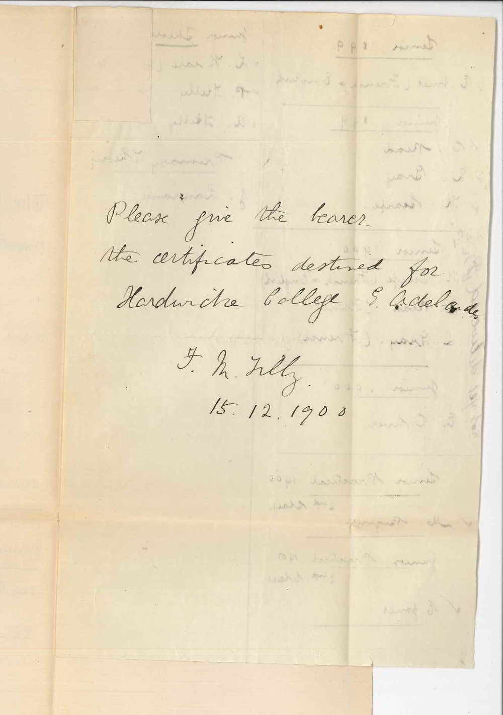 Miss F M Tilly - Hardwick College - Requesting Certificates