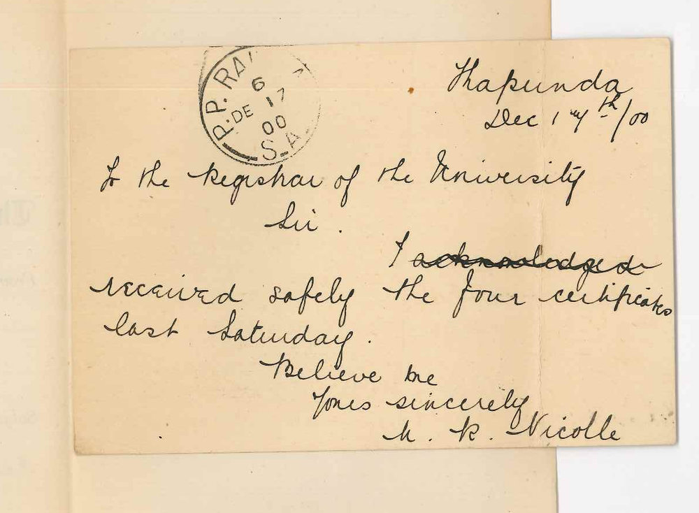 Miss Mabel R Nicolle - Kapunda - Acknowledging receipt of Certificates