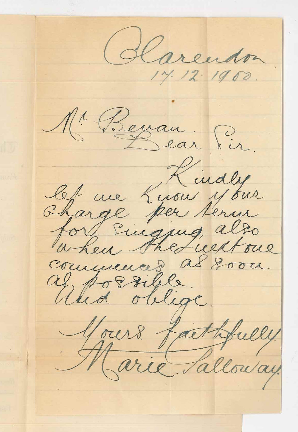 Miss Marie Galloway - Clarendon - Particulars about Conservatorium