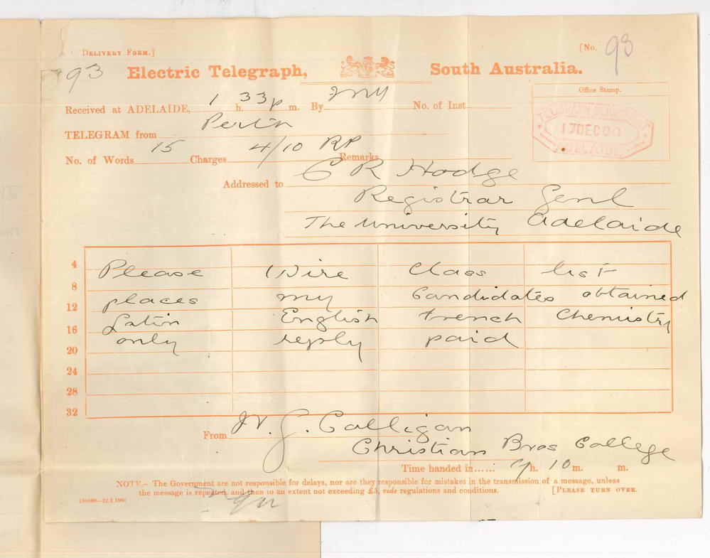 Reverend W G Culligan - Perth - Request that passes in Junior and Senior Public Examinations may be wired