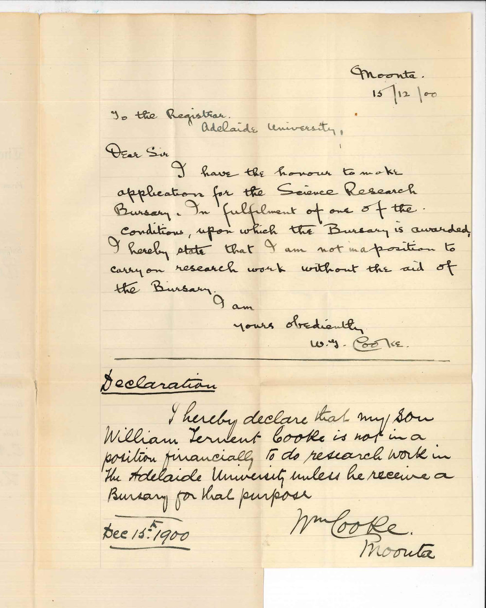 W T Cooke - Moonta - Application for Science Research Bursary