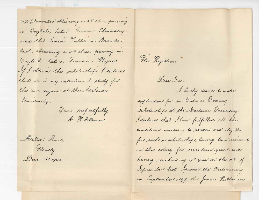 Arthur Roy Noltenius - Glenelg - Application for an Evening Scholarship