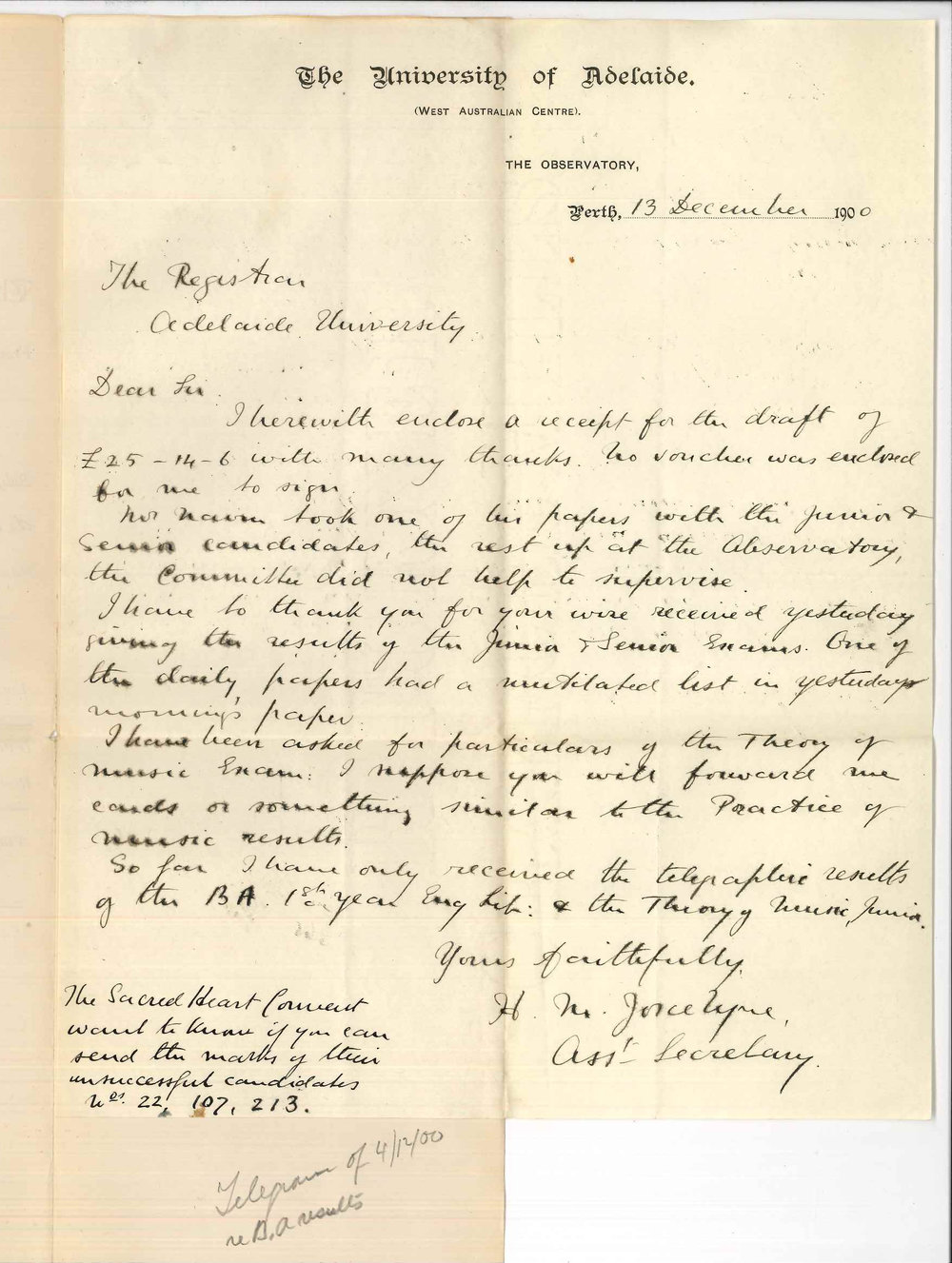 Henry Maurice Joscelyne - Perth - Acknowledging receipt of draft and concerning results of Examinations etc