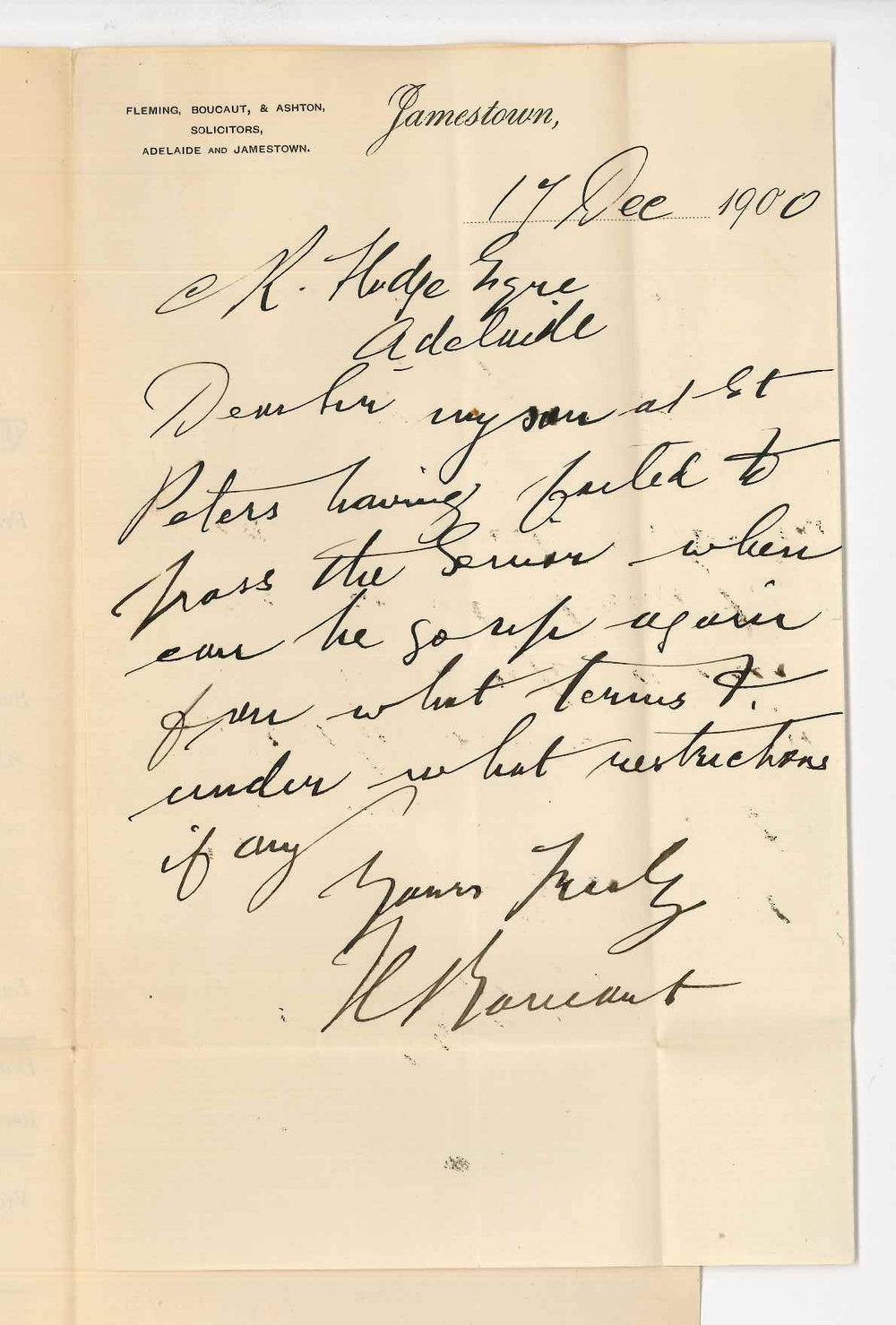 H Boucaut - Jamestown - Failure of son in Senior Public Examination