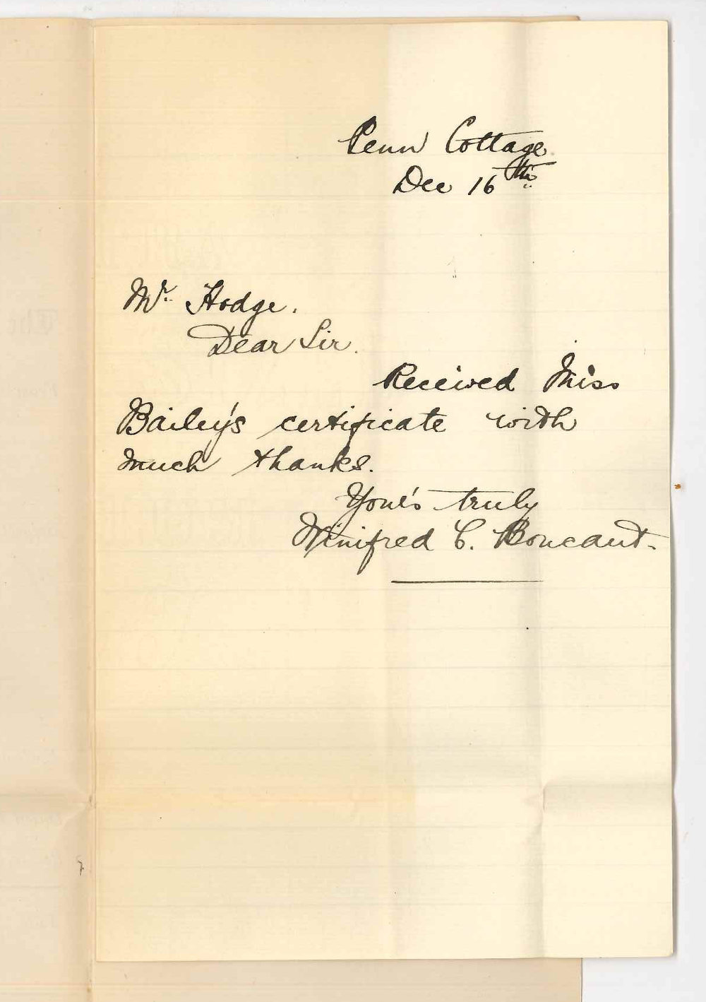 Miss Winifred C Boucaut - Jamestown - Acknowledging receipt of Certificates