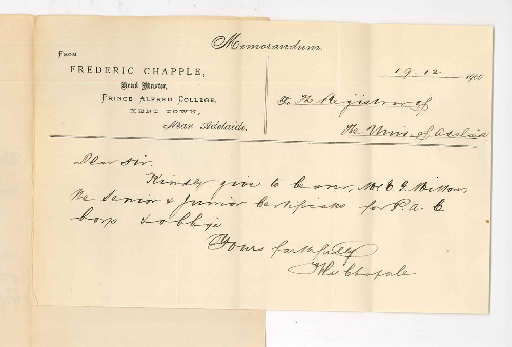 Frederic Chapple - Prince Alfred College - Authority to Deliver Junior and Senior Public Examination Certificates to Mr E G Mitton