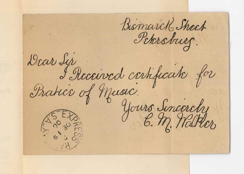 Miss Christina Mabel Walker - Petersburg - Acknowledging receipt of Certificate