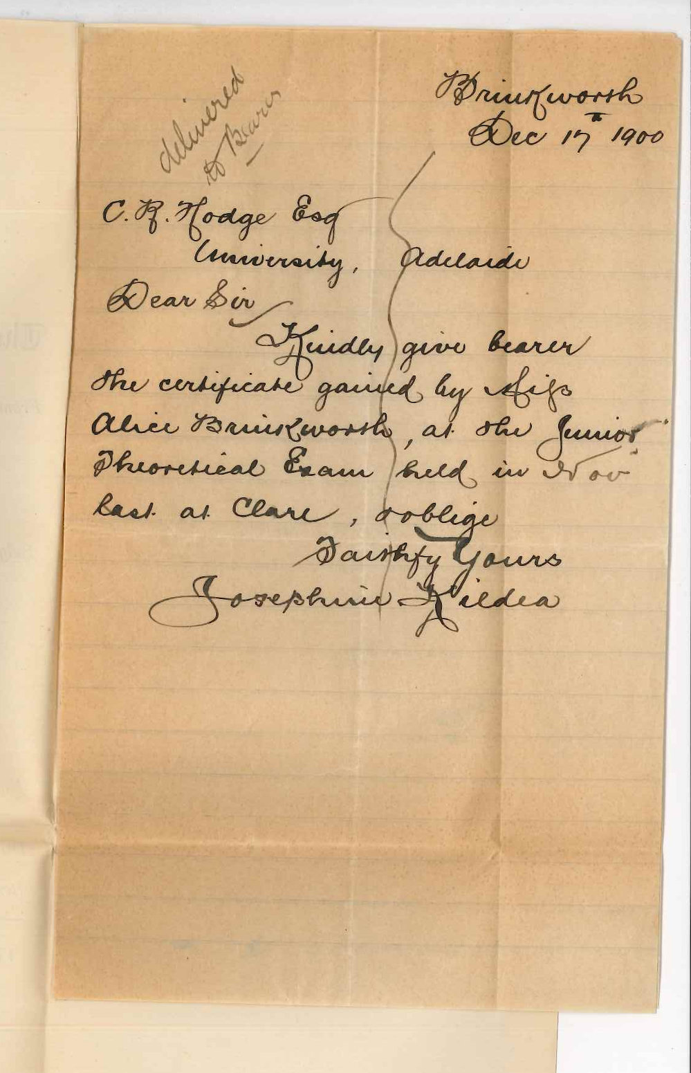 Miss Josephine Kildea - Brinkworth - Requesting Certificate