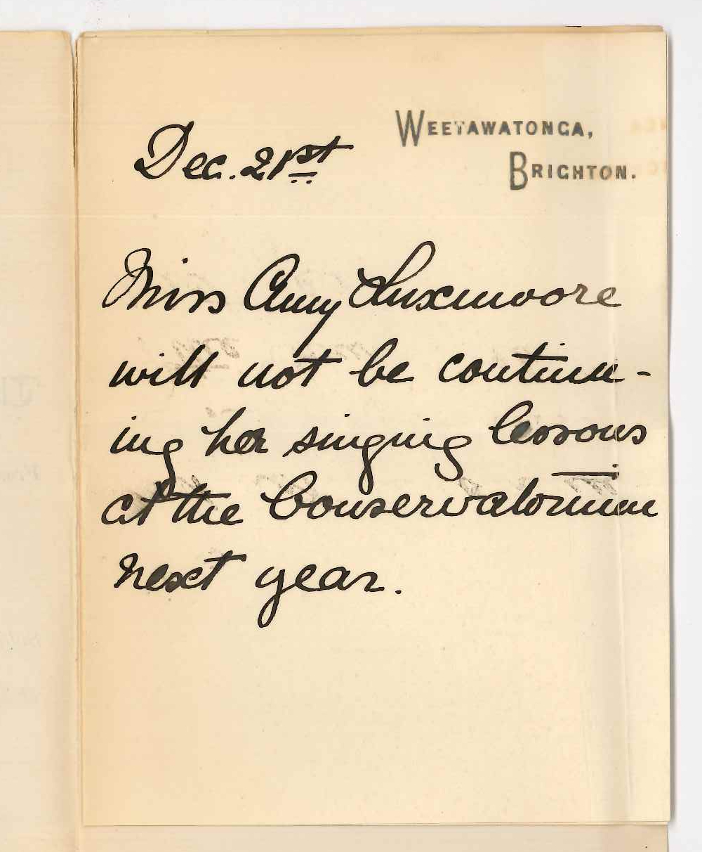 Miss Amy Luxmoore - Brighton - Discontinuing lessons at the Conservatorium