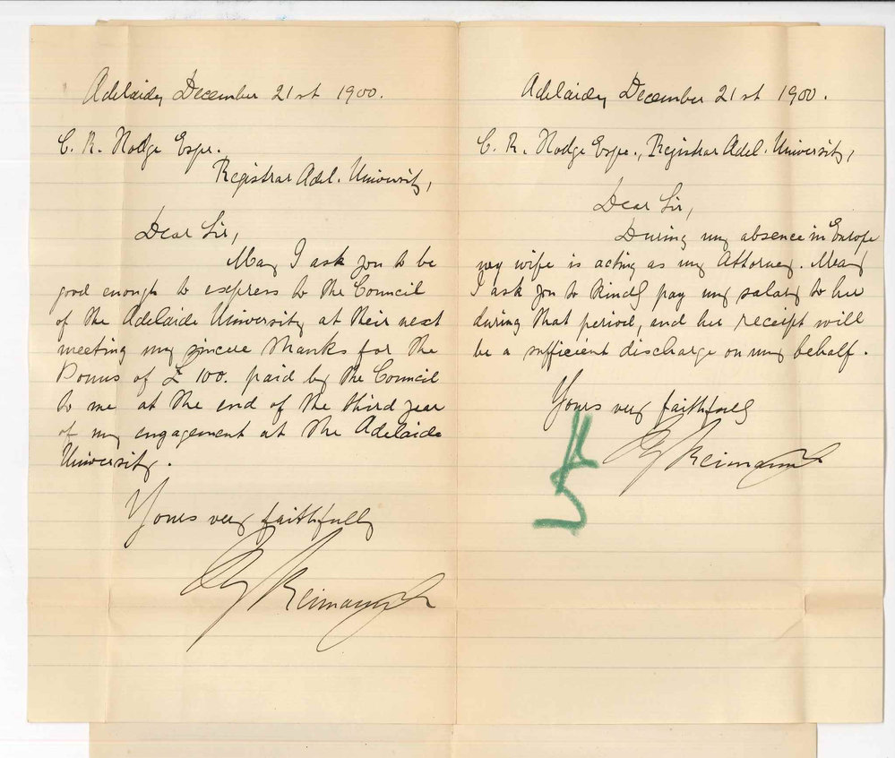 Herr Reimann - Adelaide - Thanking Council for honorarium and asking that salary be sent to Mrs Reimann during absence in Europe