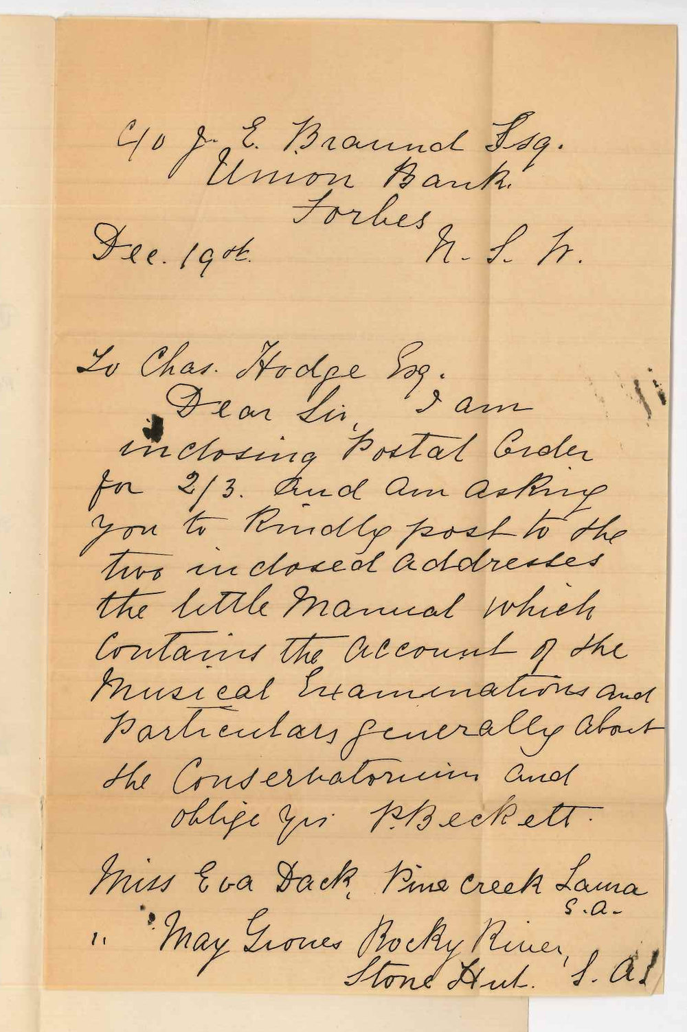 Mrs P Beckett - Forbes NSW - Requesting music pamphlets