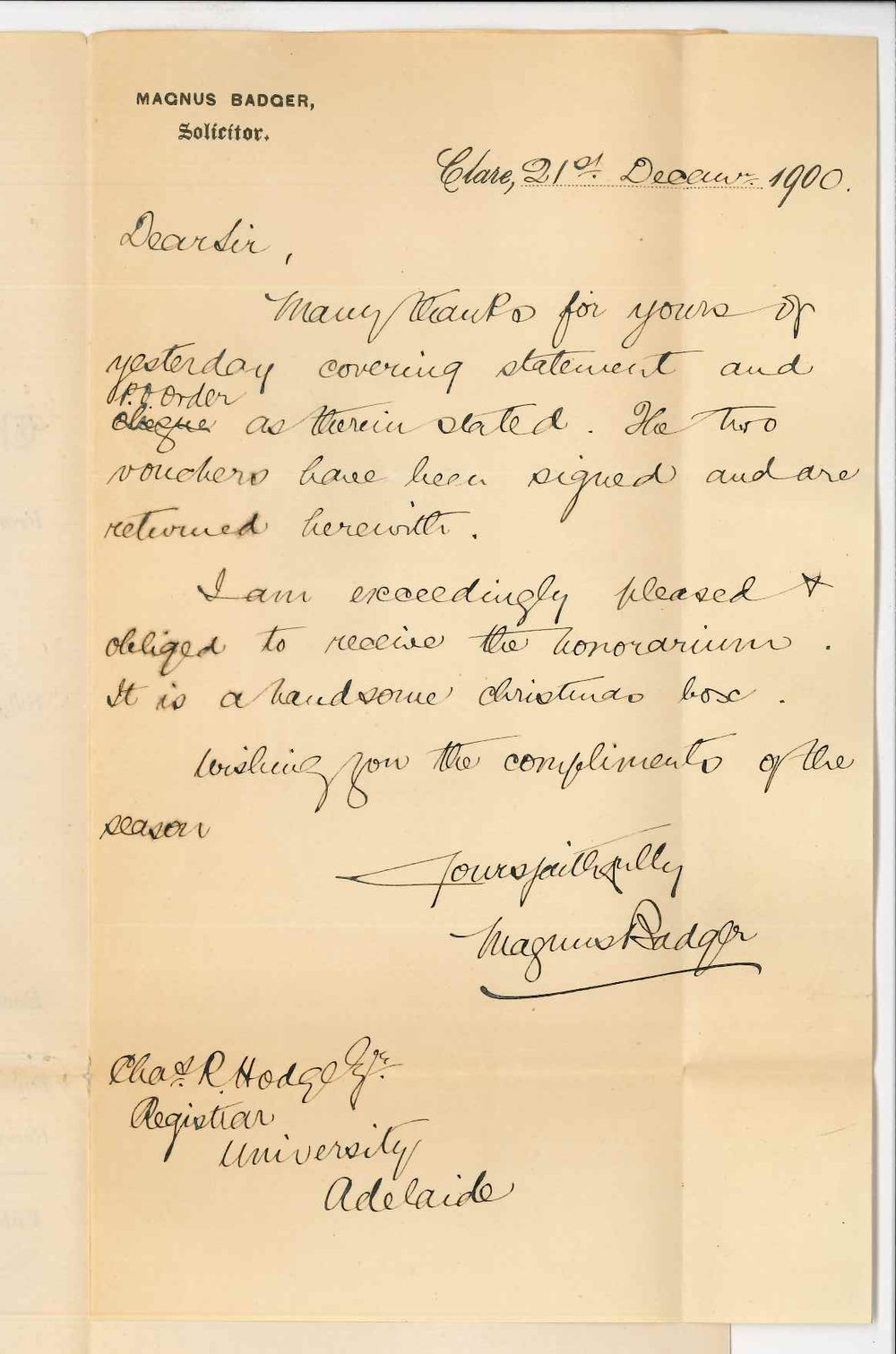 Magnus Badger - Clare - Thanks for Honorarium