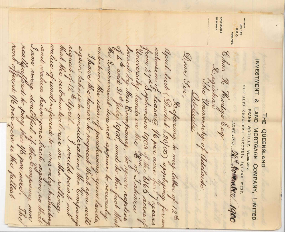 Frank Woolley - Secretary - Queensland Investment and Land Mortgage Company - Concerning extension of lease of land at Tatiara