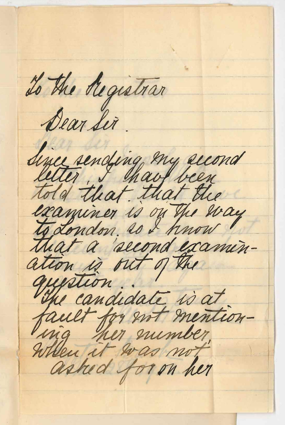 Miss Mabel L Hamlin - Crystal Brook - Concerning failure of candidate in music examination