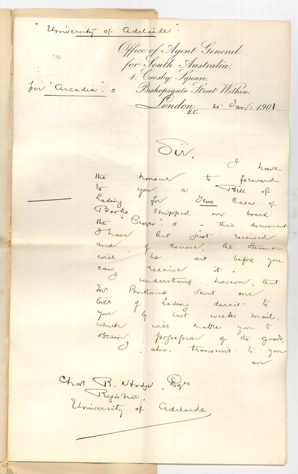 John Cockburn - Agent General for South Australia - London - Forwarding two cases books per Cuzco