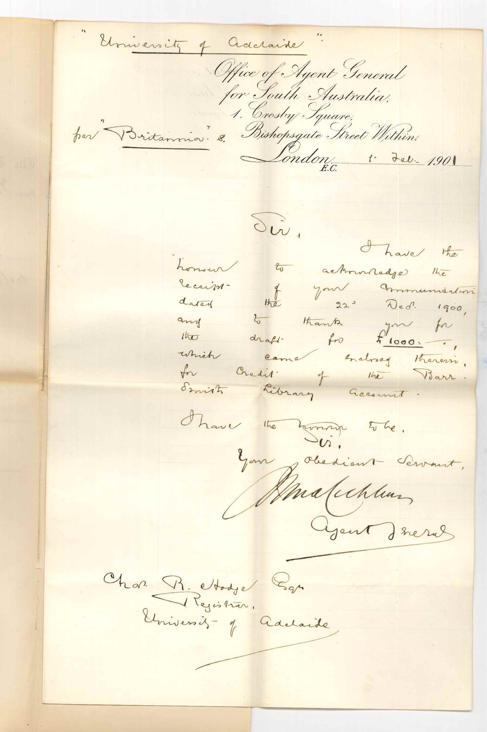 John Cockburn - Agent General for South Australia - London - Acknowledging receipt of draft &pound;1000