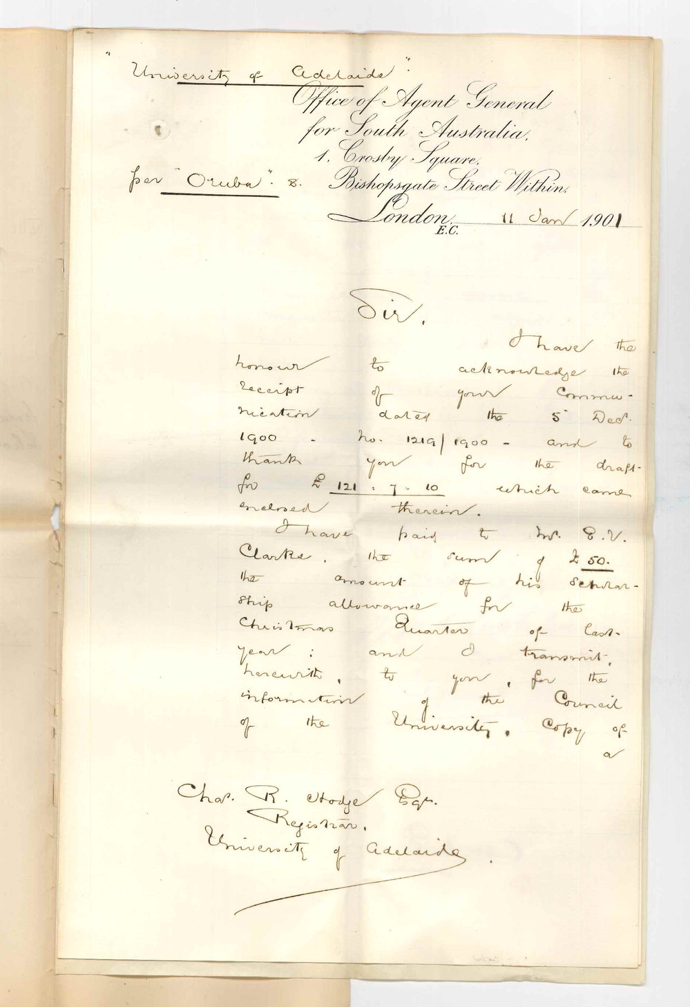 John Cockburn - Agent General for South Australia - London - Acknowledging receipt of draft &pound;50 and forwarding report from Angas Scholar
