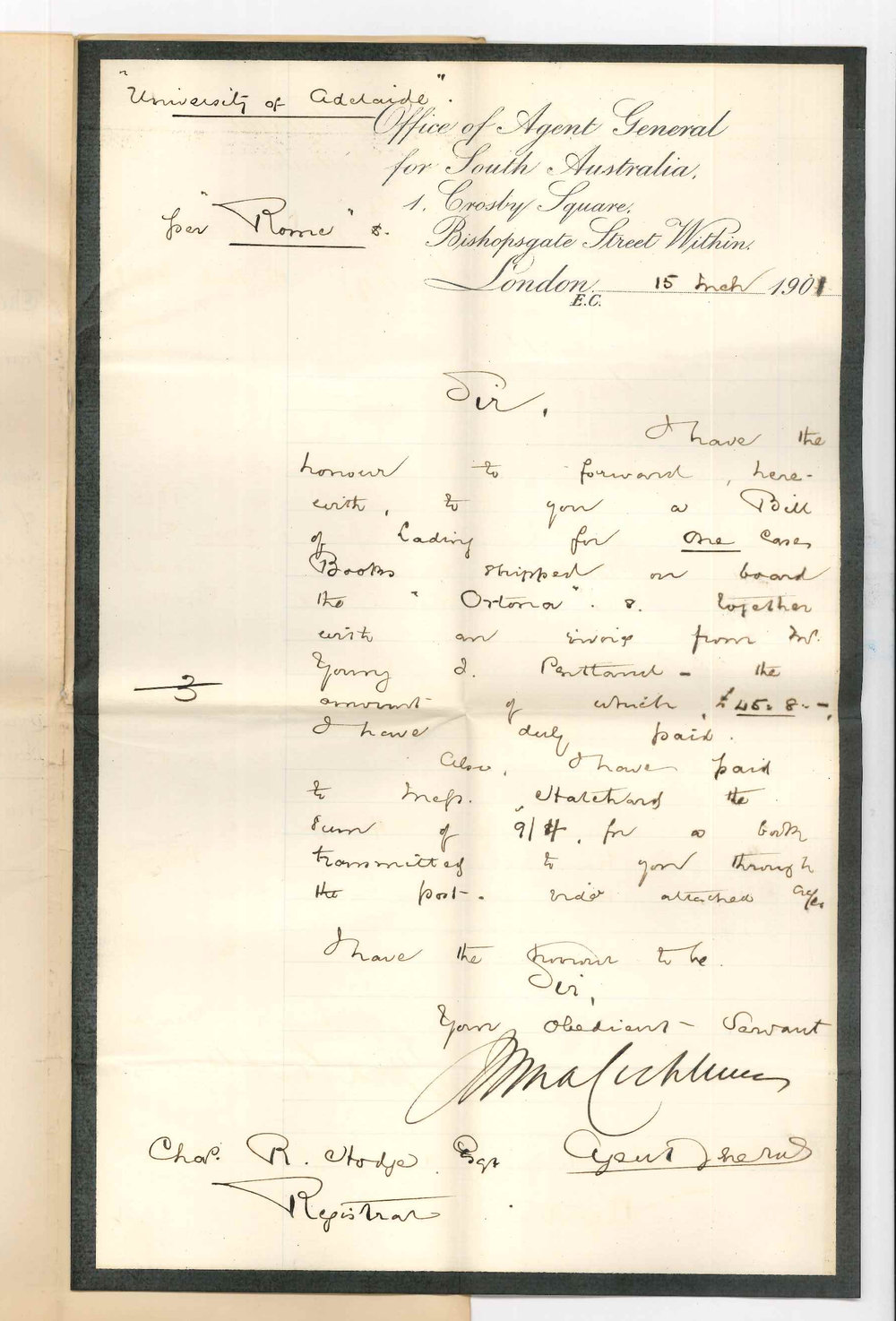 John Cockburn - Agent General for South Australia - London - Forwarding Bill of Lading for case of books per Ortona and receipted invoices