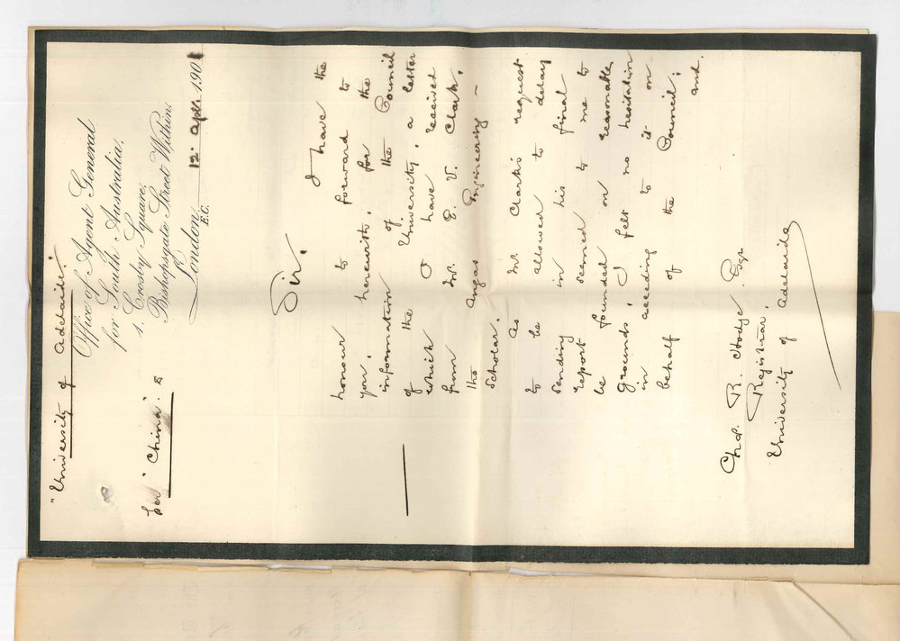 John Cockburn - Agent General for South Australia - London - Request from E V Clark Angas Scholar for extension for sending final report