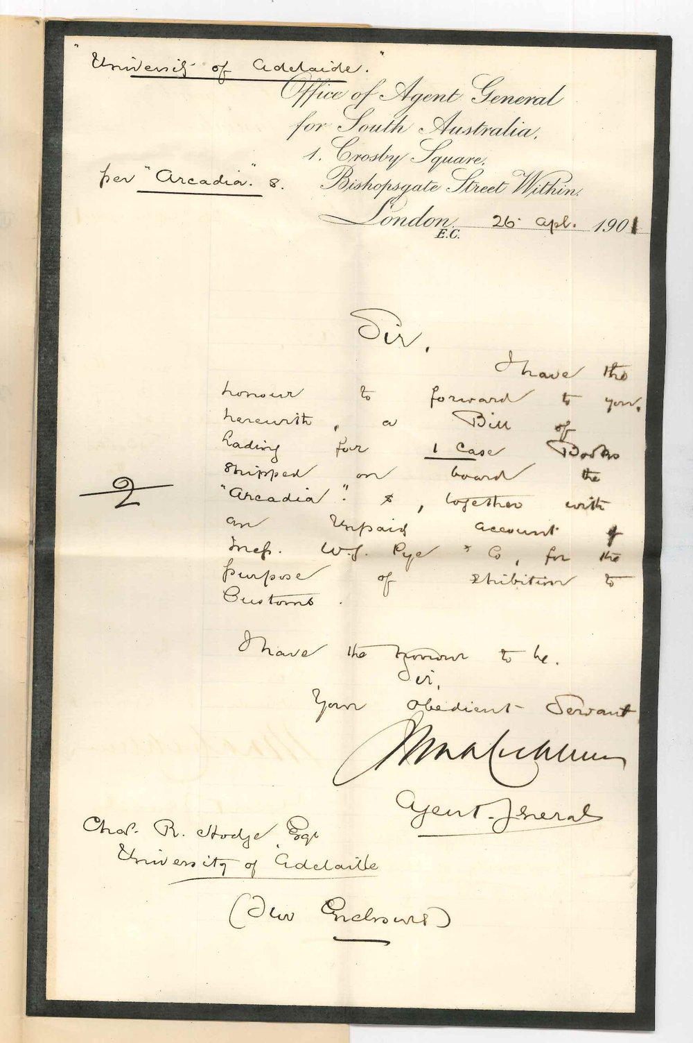 John Cockburn - Agent General for South Australia - London - Forwarding Bill of Lading for case of books per Arcadia