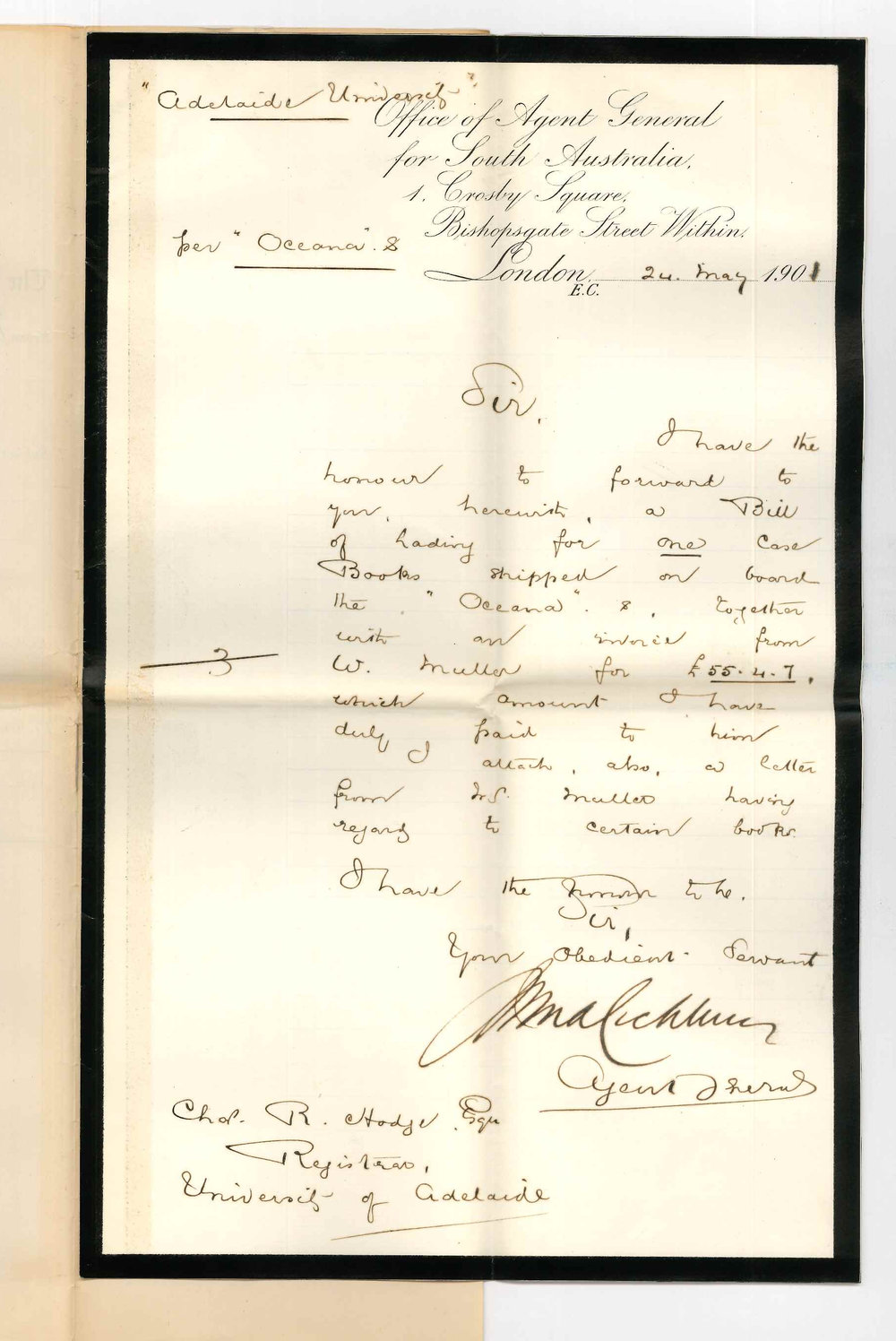 John Cockburn - Agent General for South Australia - London - Case of books per Oceana