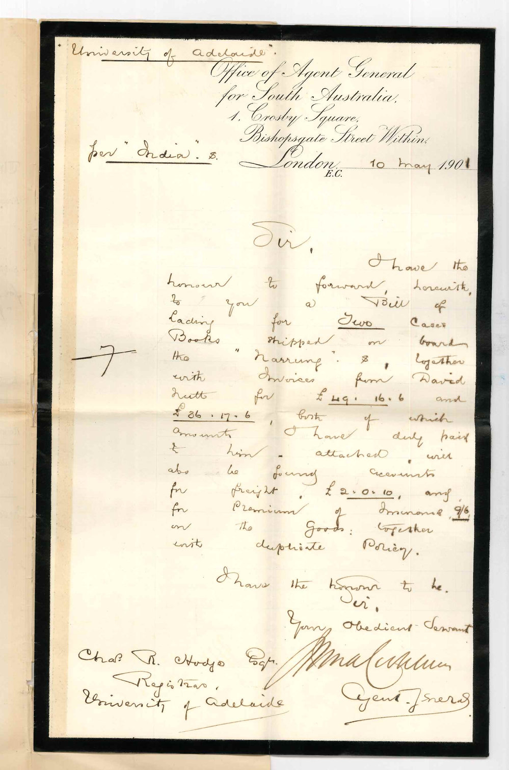 John Cockburn - Agent General for South Australia - London - Forwarding Bill of Lading for two cases of Books ex Narrung