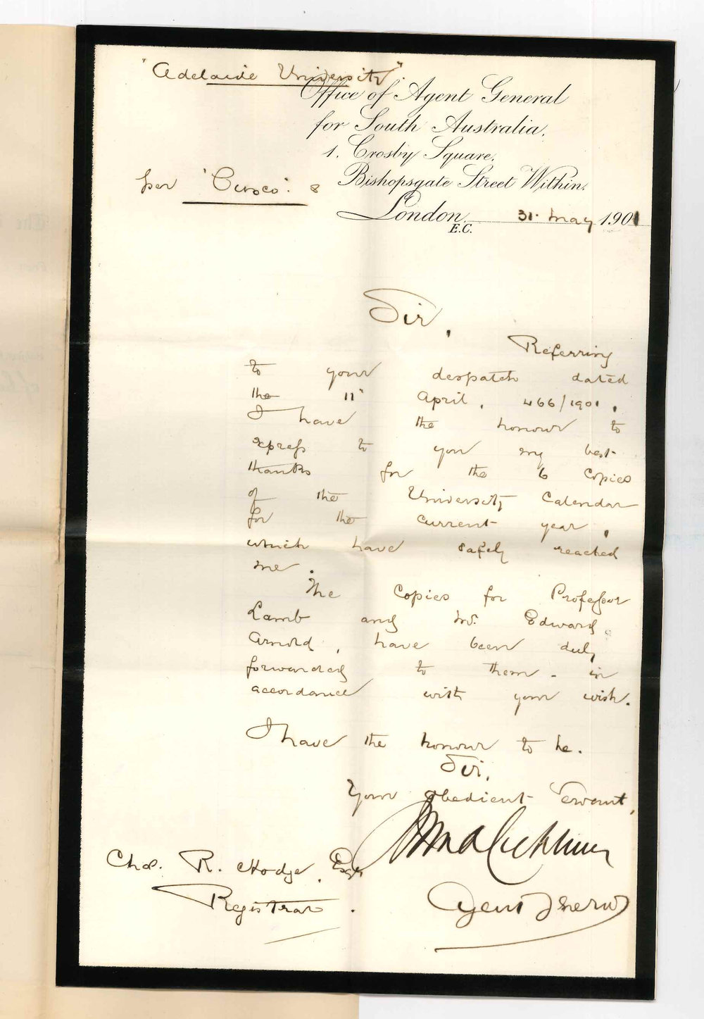 John Cockburn - Agent General for South Australia - London - Acknowledging receipt of Calendars for 1901