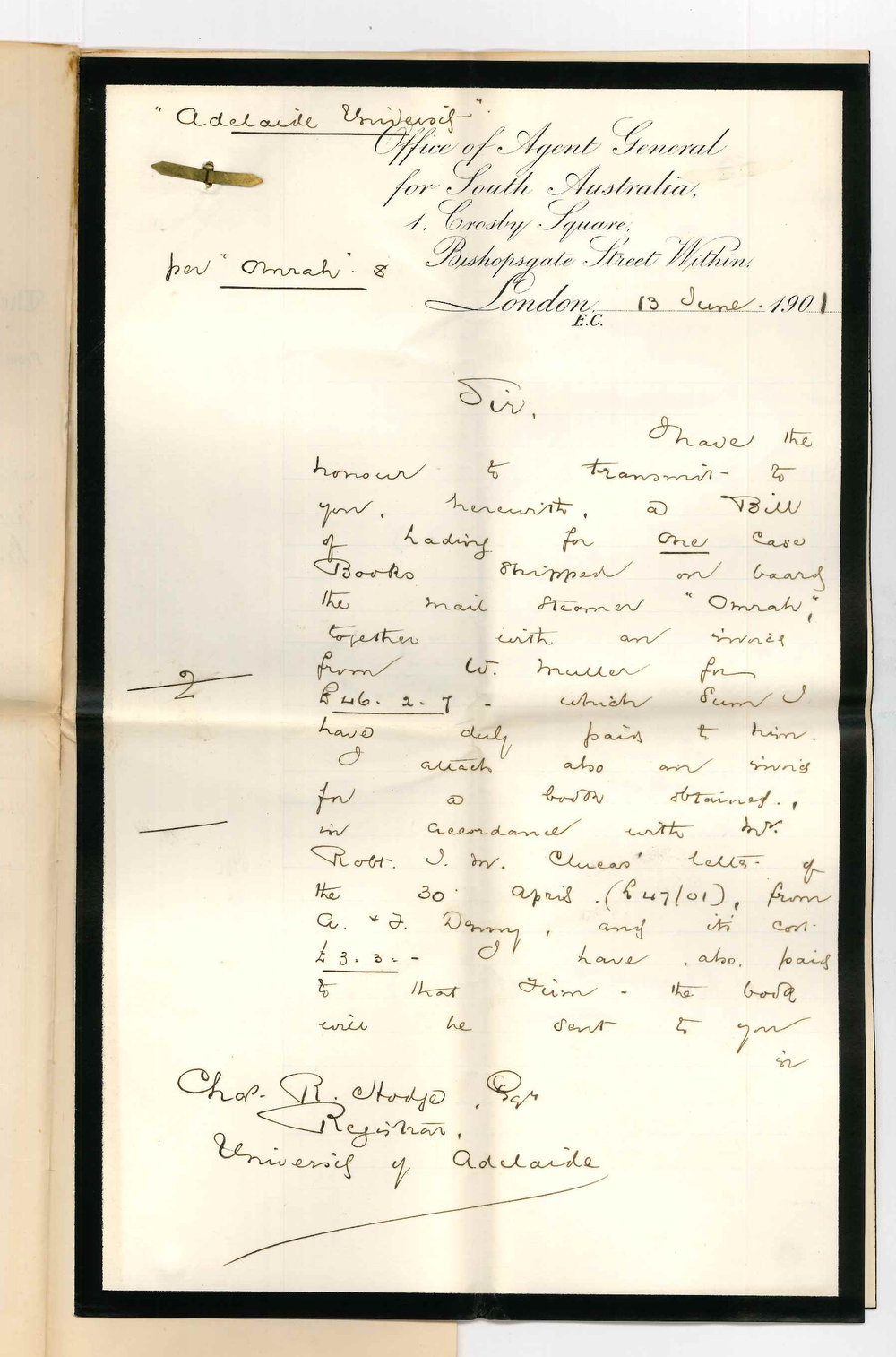 John Cockburn - Agent General for South Australia - London - Barr Smith books per Omrah and Treasury Box