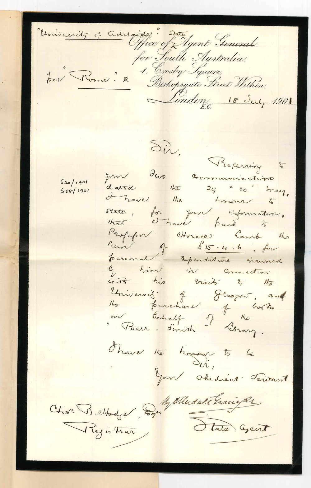 Henry Allerdale Grainger - State Agent for South Australia - London - Acknowledging receipt of letters of 29 and 30 of May 1901