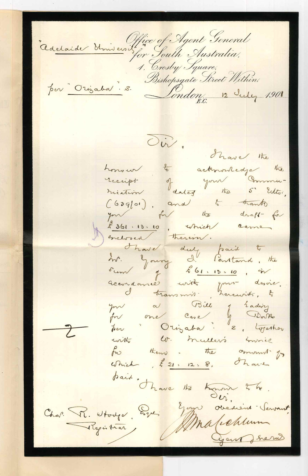 John Cockburn - Agent General for South Australia - London - Bill of Lading and Invoices for Barr Smith books per Orizaba