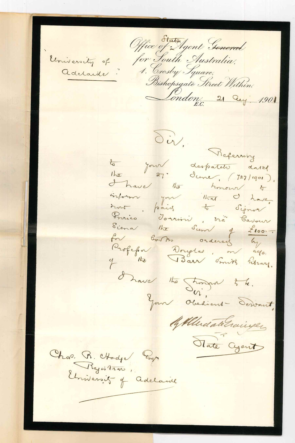 Henry Allerdale Grainger - State Agent for South Australia - London - Has paid Signor Enrico Torrini account for Barr Smith books
