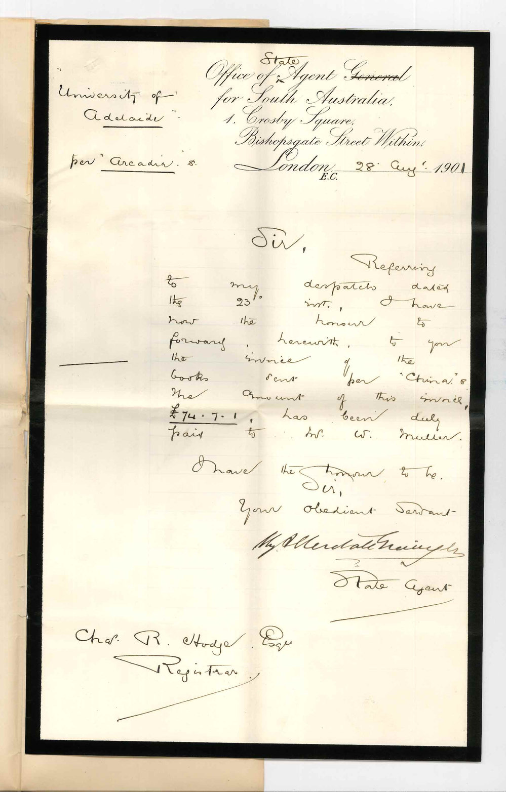 Henry Allerdale Grainger - State Agent for South Australia - London - Forwarding invoice of books sent per China of which amount has been duly paid