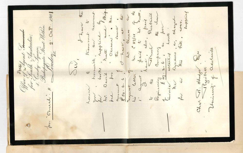 Henry Allerdale Grainger - State Agent for South Australia - London - Has paid Mr David Nutts account for books and The Brush Electrical Engineering Company account