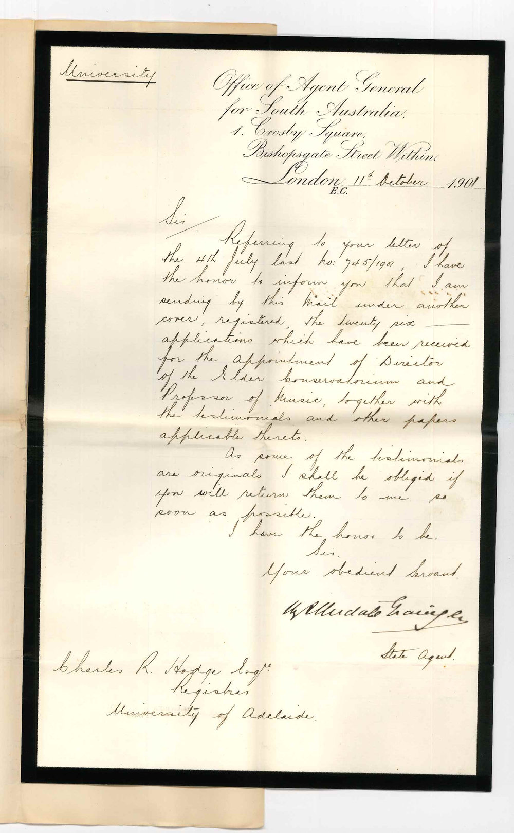 Henry Allerdale Grainger - State Agent for South Australia - London - Forwarding the applications for position of Professor of Music and requesting return of testimonials